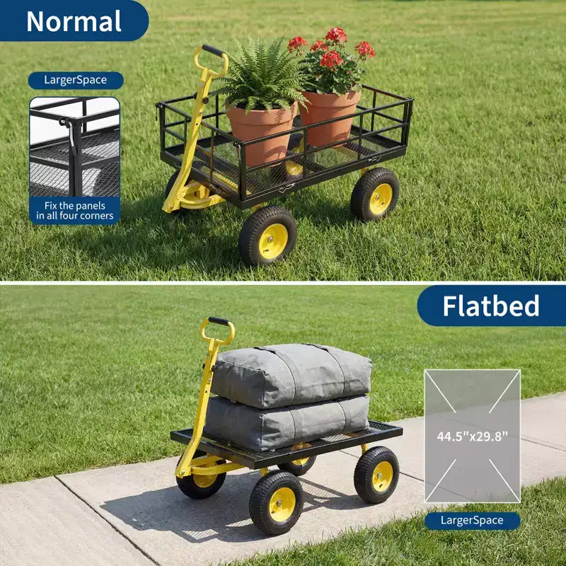 Heavy Duty Steel Garden Cart, Garden Wagon with 13 Inch Tires, 180 Rotating Handle, ATV & Tractor Compatible