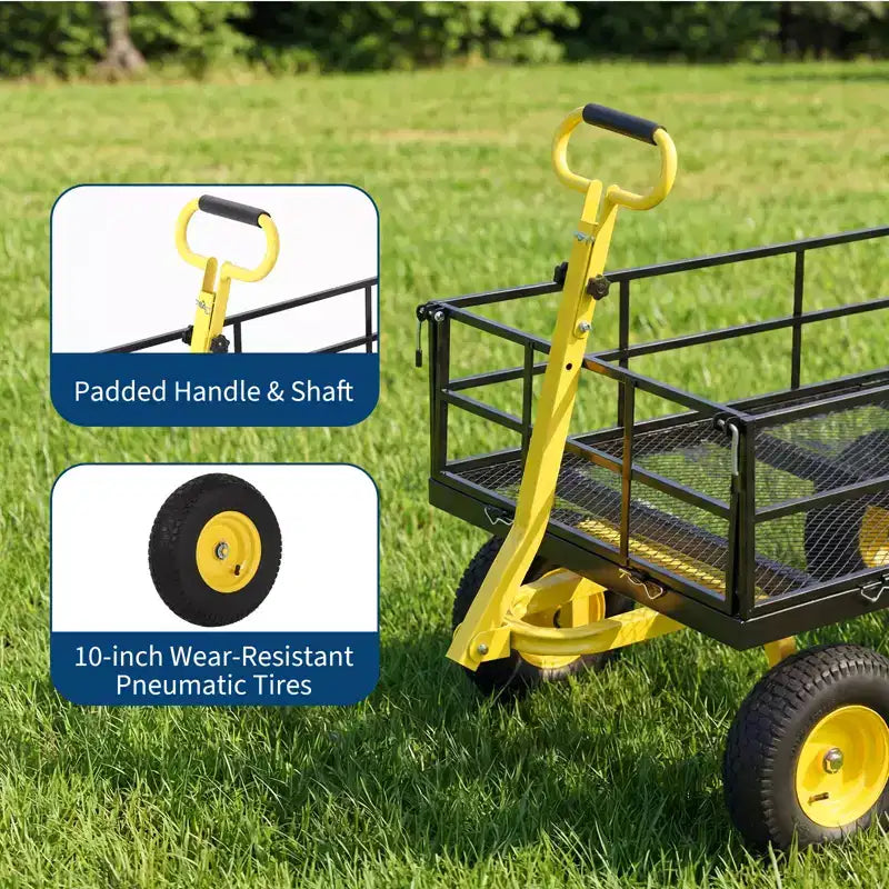 Heavy Duty Steel Garden Cart, Garden Wagon with 13 Inch Tires, 180 Rotating Handle, ATV & Tractor Compatible