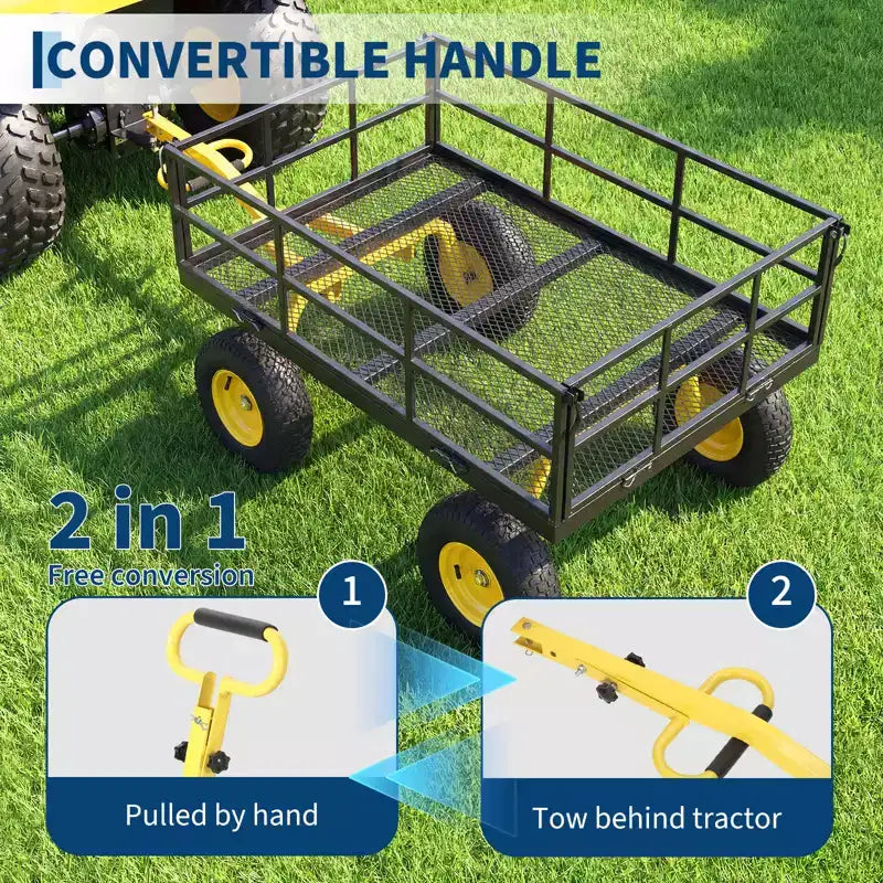 Heavy Duty Steel Garden Cart, Garden Wagon with 13 Inch Tires, 180 Rotating Handle, ATV & Tractor Compatible