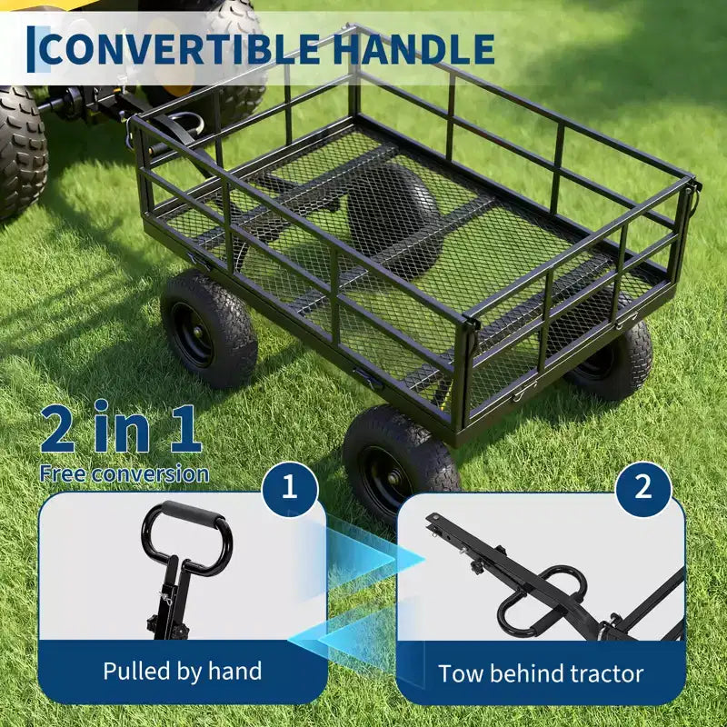 Heavy Duty Steel Garden Cart, Garden Wagon with 13 Inch Tires, 180 Rotating Handle, ATV & Tractor Compatible