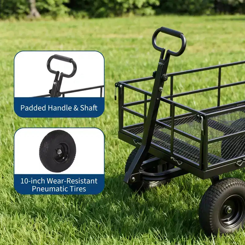 Heavy Duty Steel Garden Cart, Garden Wagon with 13 Inch Tires, 180 Rotating Handle, ATV & Tractor Compatible