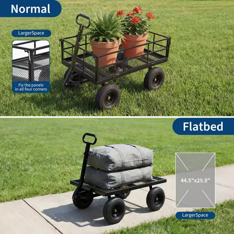 Heavy Duty Steel Garden Cart, Garden Wagon with 13 Inch Tires, 180 Rotating Handle, ATV & Tractor Compatible