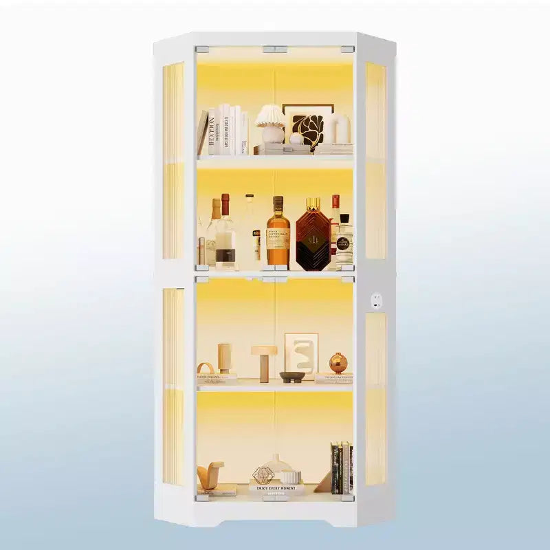 4-Tier Corner Display Cabinet with Glass Doors & LED Lights, Modern Curio Case Bookshelf Storage Organizer for Collectibles & Living Room