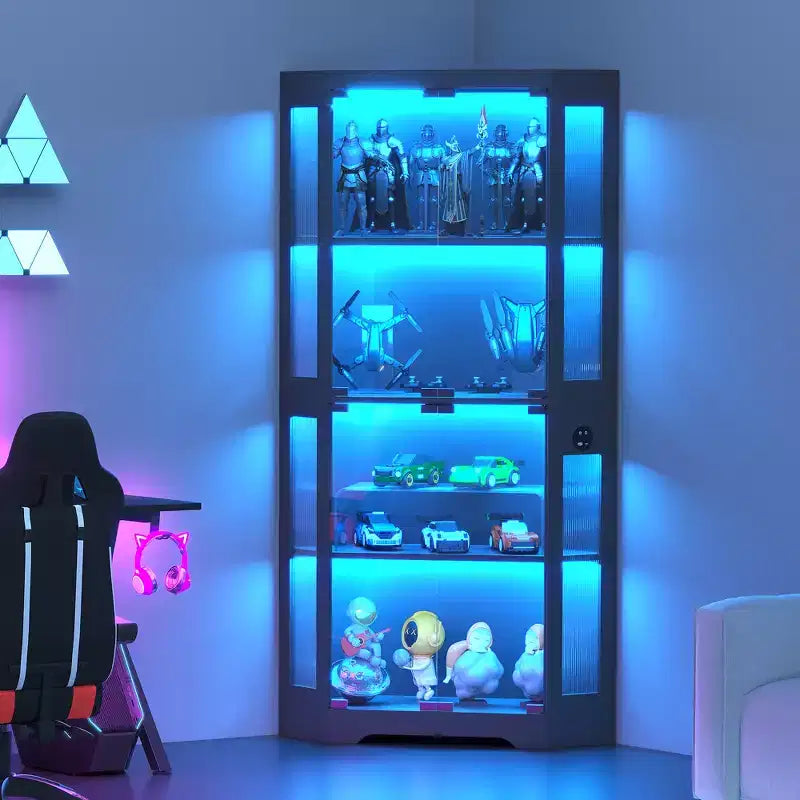 4-Tier Corner Display Cabinet with Glass Doors & LED Lights, Modern Curio Case Bookshelf Storage Organizer for Collectibles & Living Room