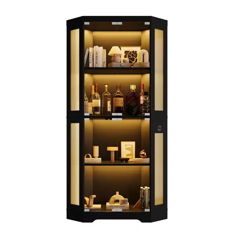 4-Tier Corner Display Cabinet with Glass Doors & LED Lights, Modern Curio Case Bookshelf Storage Organizer for Collectibles & Living Room