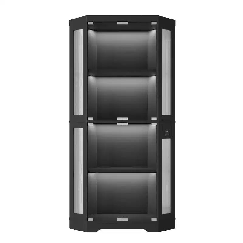 4-Tier Corner Display Cabinet with Glass Doors & LED Lights, Modern Curio Case Bookshelf Storage Organizer for Collectibles & Living Room