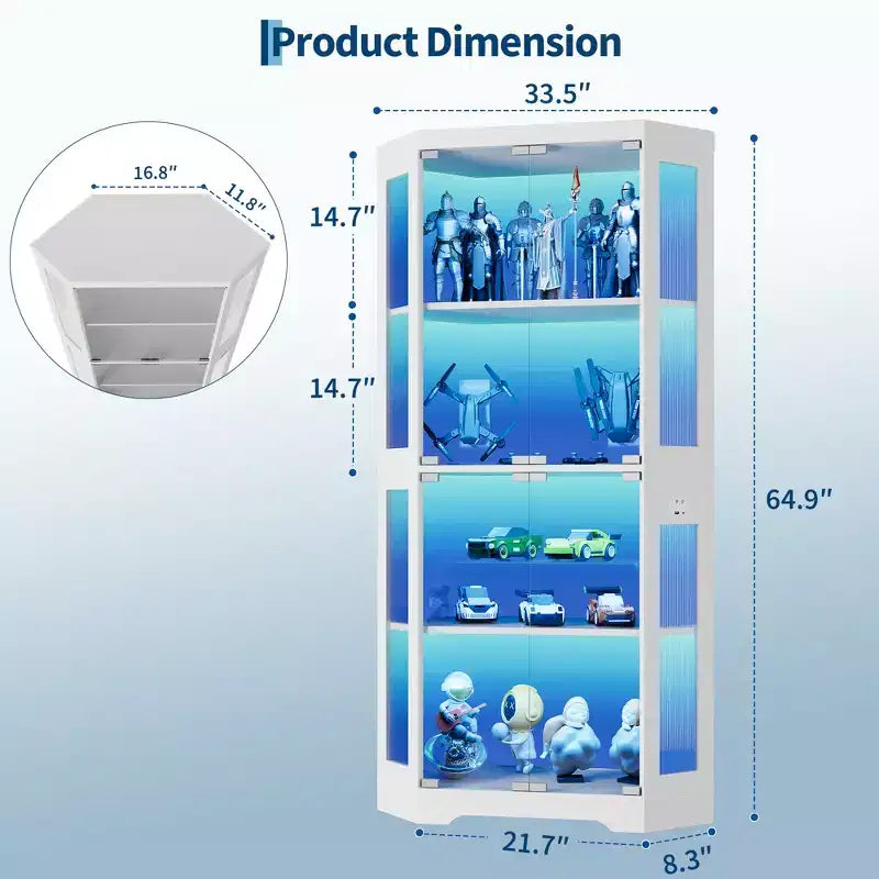 4-Tier Corner Display Cabinet with Glass Doors & LED Lights, Modern Curio Case Bookshelf Storage Organizer for Collectibles & Living Room