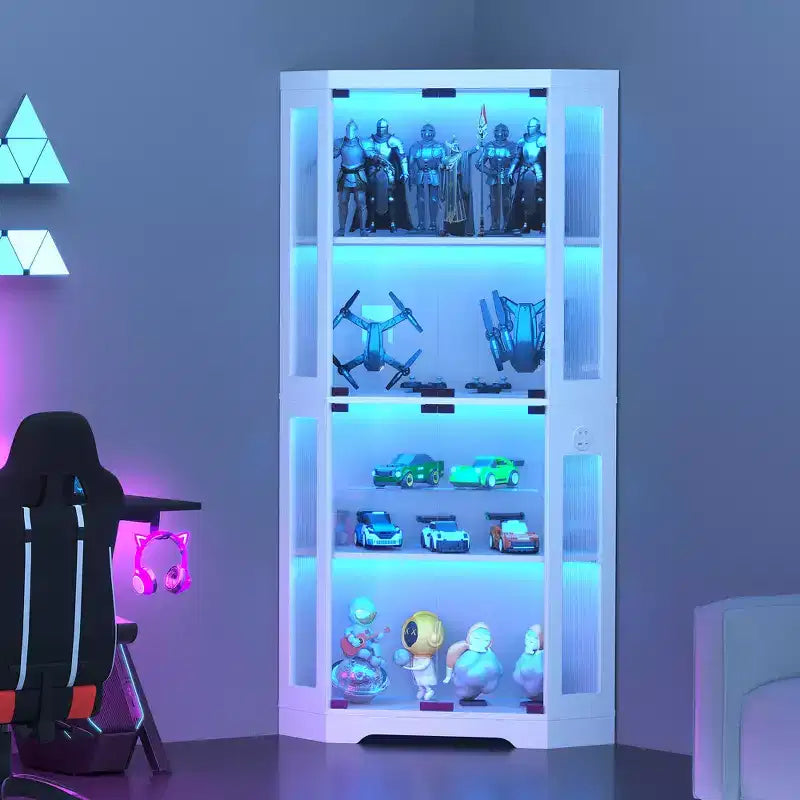 4-Tier Corner Display Cabinet with Glass Doors & LED Lights, Modern Curio Case Bookshelf Storage Organizer for Collectibles & Living Room