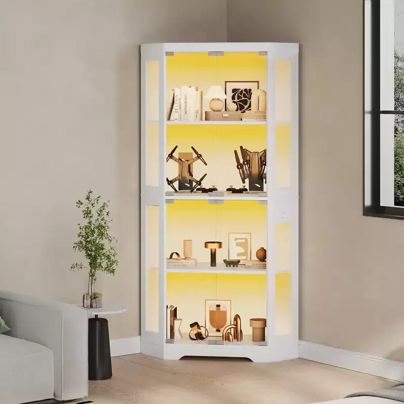4-Tier Corner Display Cabinet with Glass Doors & LED Lights, Modern Curio Case Bookshelf Storage Organizer for Collectibles & Living Room