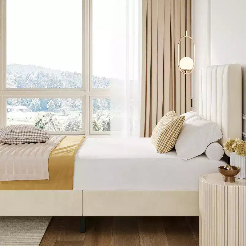 Twin Size Linen Upholstered Platform Bed Frame with Adjustable Headboard, Wooden Slats Support, No Box Spring Needed, Easy Assembly