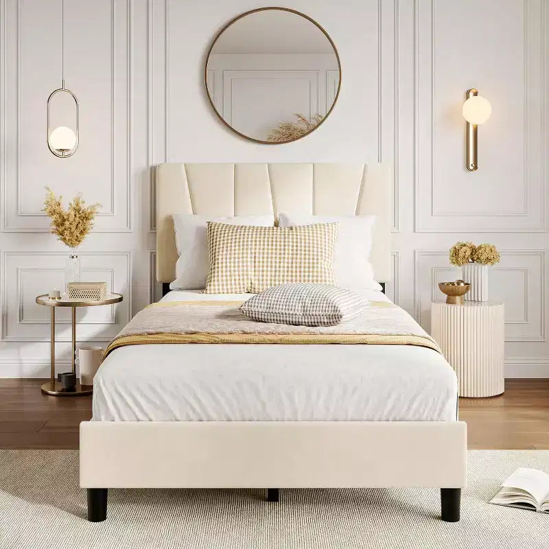 Twin Size Linen Upholstered Platform Bed Frame with Adjustable Headboard, Wooden Slats Support, No Box Spring Needed, Easy Assembly
