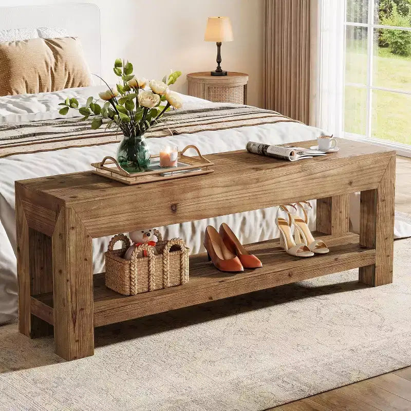 47.24" Solid Wood Entryway Bench with Open Shelves, Rustic Brown
