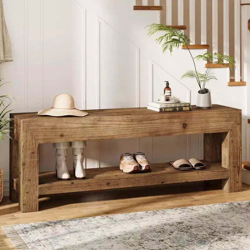 47.24" Solid Wood Entryway Bench with Open Shelves, Rustic Brown