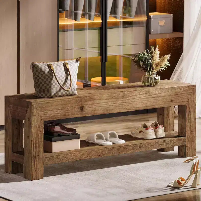47.24" Solid Wood Entryway Bench with Open Shelves, Rustic Brown