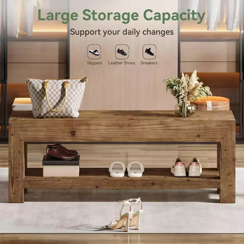 47.24" Solid Wood Entryway Bench with Open Shelves, Rustic Brown