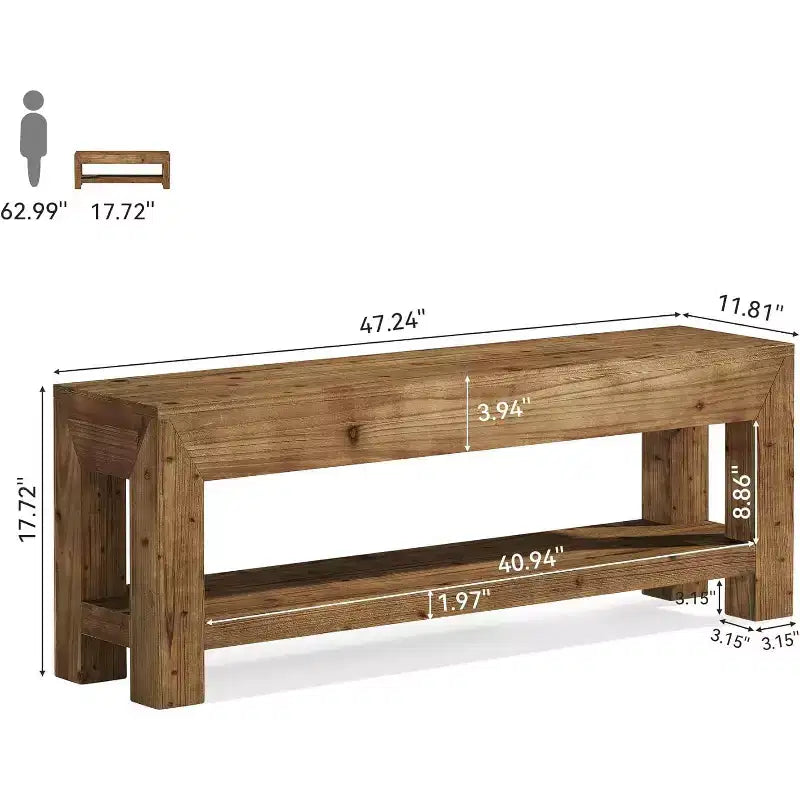 47.24" Solid Wood Entryway Bench with Open Shelves, Rustic Brown