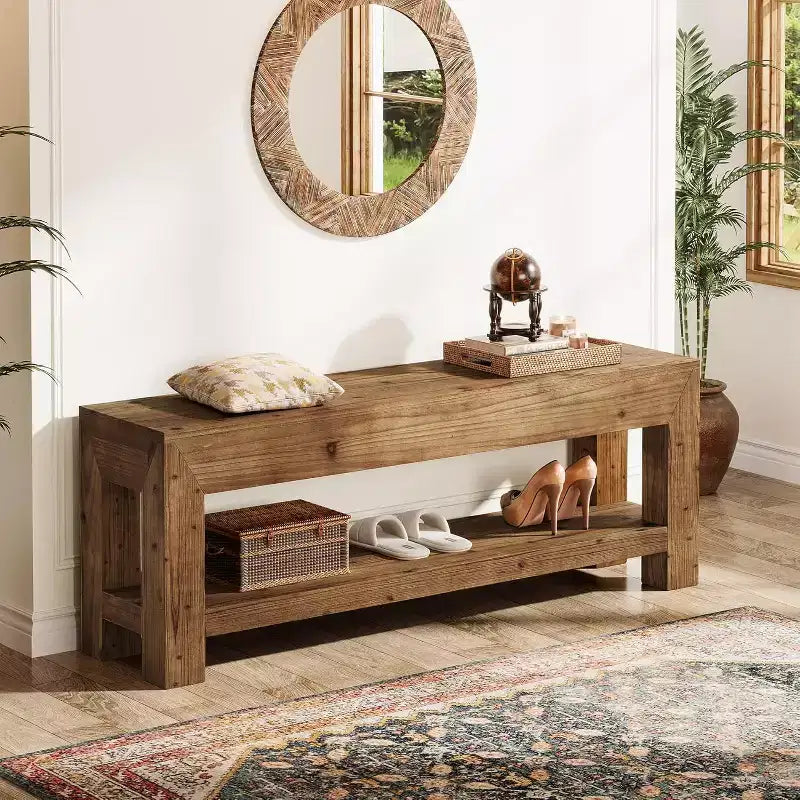 47.24" Solid Wood Entryway Bench with Open Shelves, Rustic Brown