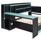 Lit de repos de jeu double/grand avec tête de lit bibliothèque, lumières LED, bureau intégré, tiroirs et station de charge