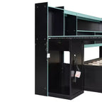 Lit de repos de jeu double/grand avec tête de lit bibliothèque, lumières LED, bureau intégré, tiroirs et station de charge