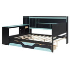 Lit de repos de jeu double/grand avec tête de lit bibliothèque, lumières LED, bureau intégré, tiroirs et station de charge