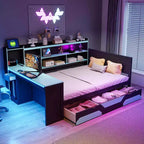 Full/Queen Size Gaming Daybed with Bookcase Headboard, LED Bed Frame with Integrated Desk, Drawers & Charging Station - ModernLuxe