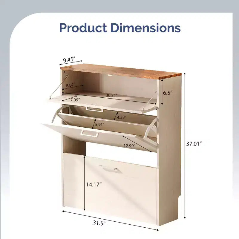 31" Shoe Cabinet with 2 Flip Drawers and 1 Standard Drawer, Holds 16 Pairs