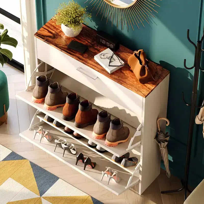 31" Shoe Cabinet with 2 Flip Drawers and 1 Standard Drawer, Holds 16 Pairs
