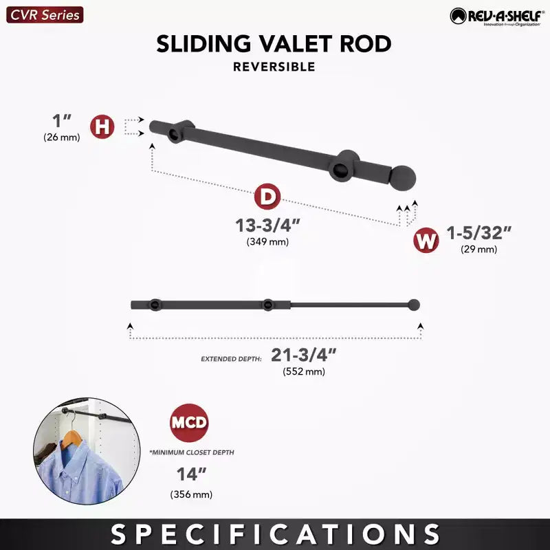 14" Pull-Out Valet Rod, Extendable Sliding Clothes Hanging Rack, Chrome, 2 Pack