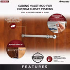 Tige de valet coulissante 14", Portant coulissant extensible pour vêtements, Chrome, Paquet de 2
