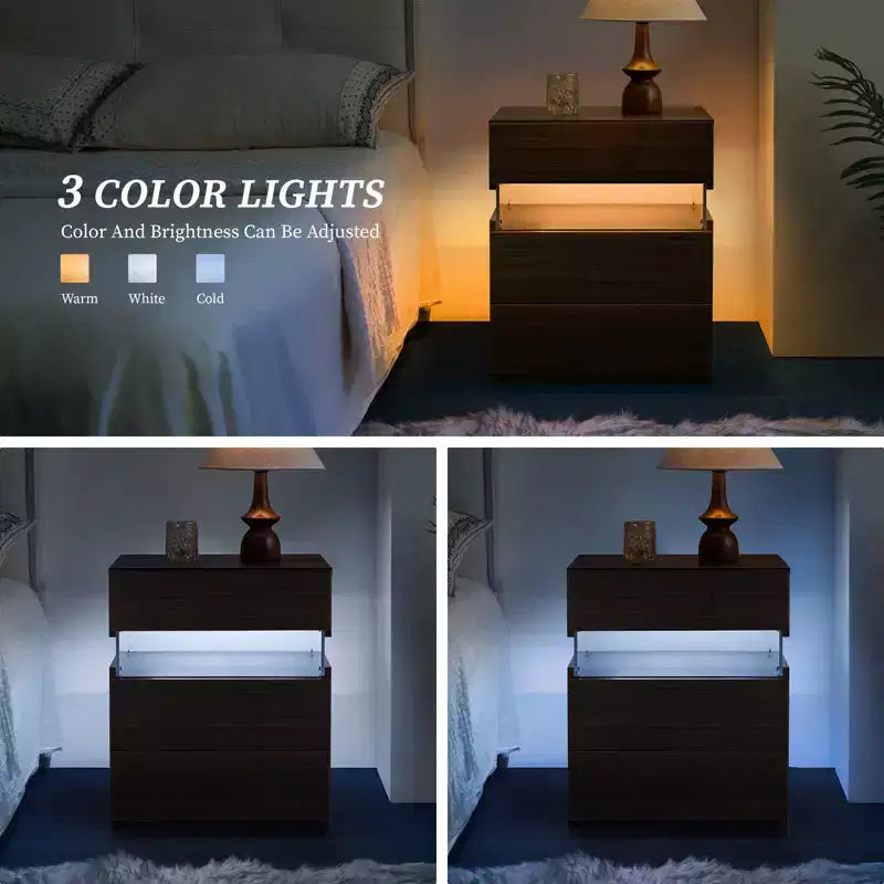 LED Lighted 3-Drawer Nightstand for Bedroom and Living Room