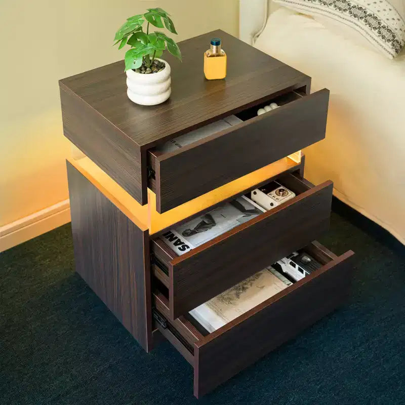 LED Lighted 3-Drawer Nightstand for Bedroom and Living Room