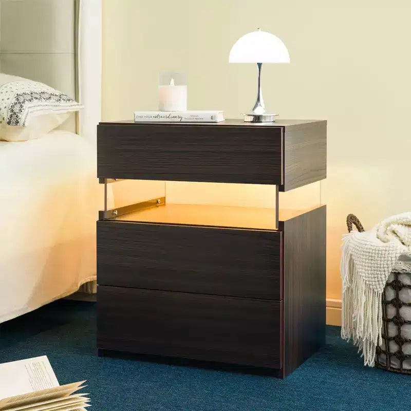 LED Lighted 3-Drawer Nightstand for Bedroom and Living Room