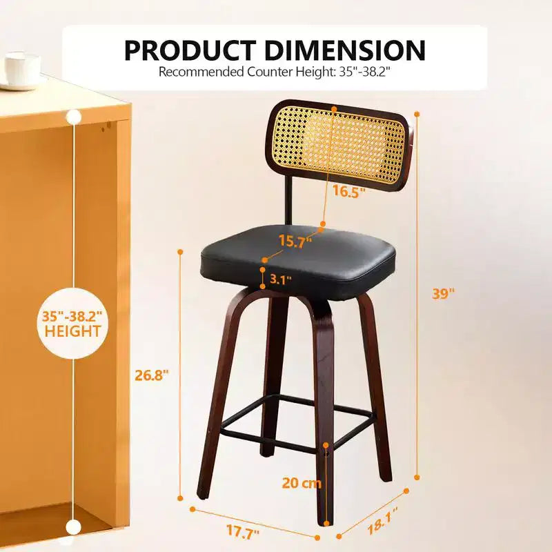 Set of 2 360 Swivel Rattan Counter Height Bar Stools with PU Cushion
