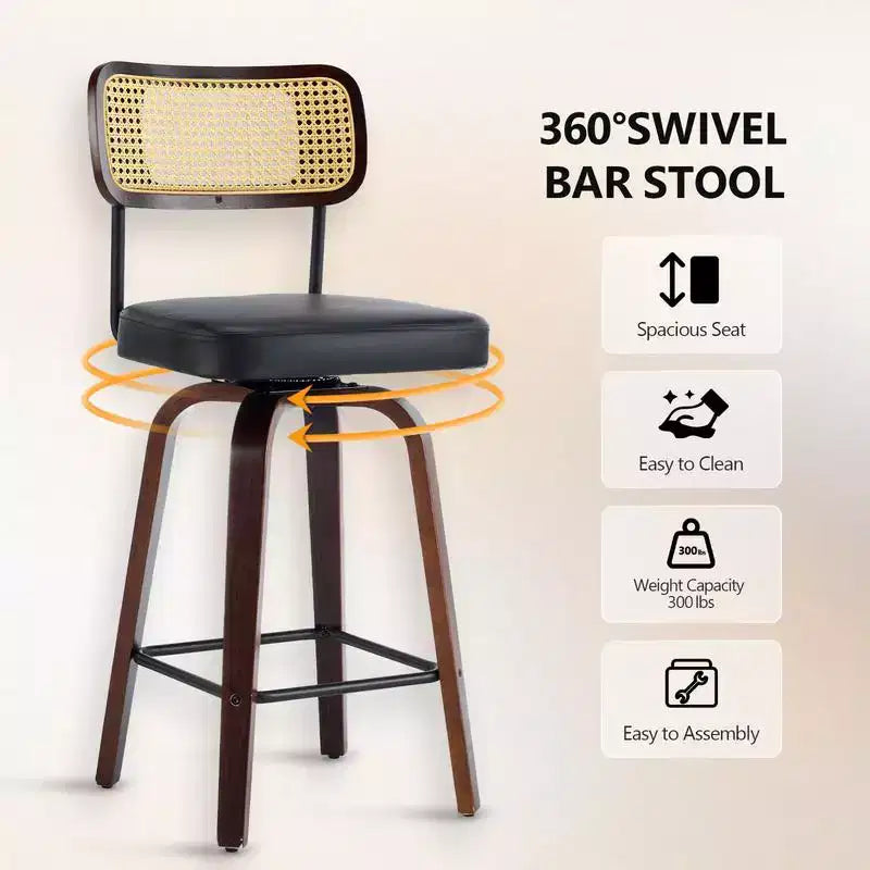 Set of 2 360 Swivel Rattan Counter Height Bar Stools with PU Cushion