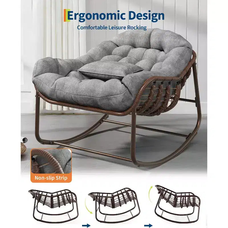 Oversized Outdoor Papasan Rocking Chair  Ergonomic Design Durable Wicker, Weather-Resistant Cushion Supports Up to 450 lbs