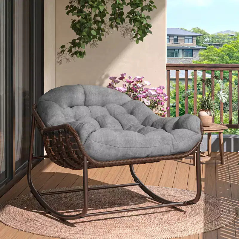 Oversized Outdoor Papasan Rocking Chair  Ergonomic Design Durable Wicker, Weather-Resistant Cushion Supports Up to 450 lbs