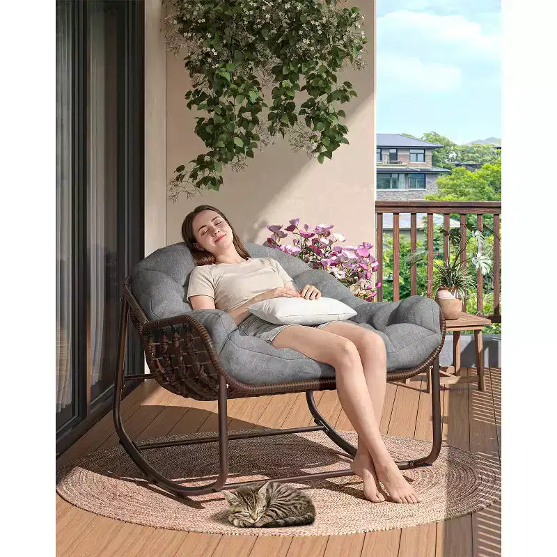 Oversized Outdoor Papasan Rocking Chair  Ergonomic Design Durable Wicker, Weather-Resistant Cushion Supports Up to 450 lbs