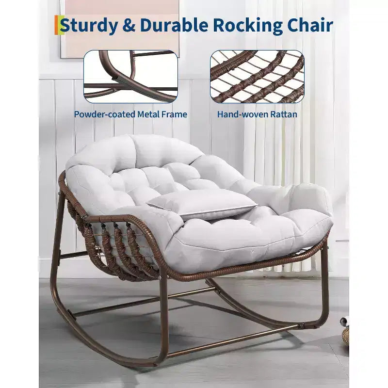 Oversized Outdoor Papasan Rocking Chair  Ergonomic Design Durable Wicker, Weather-Resistant Cushion Supports Up to 450 lbs