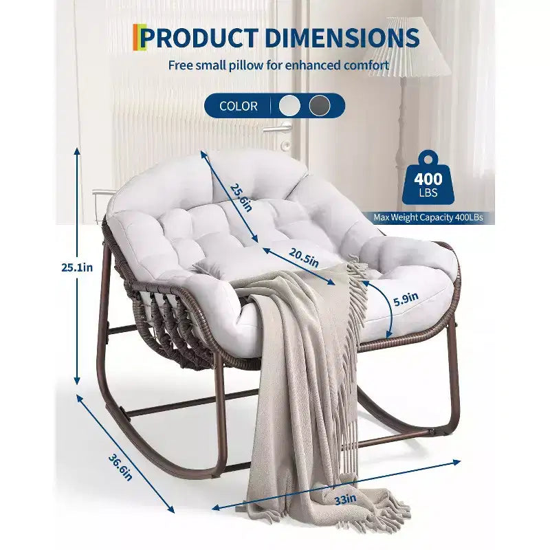 Oversized Outdoor Papasan Rocking Chair  Ergonomic Design Durable Wicker, Weather-Resistant Cushion Supports Up to 450 lbs