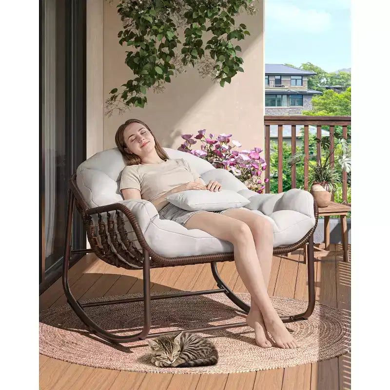 Oversized Outdoor Papasan Rocking Chair  Ergonomic Design Durable Wicker, Weather-Resistant Cushion Supports Up to 450 lbs