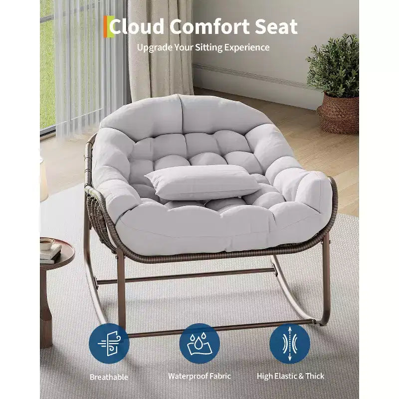 Oversized Outdoor Papasan Rocking Chair  Ergonomic Design Durable Wicker, Weather-Resistant Cushion Supports Up to 450 lbs