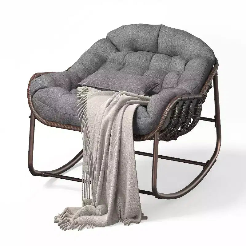 Oversized Outdoor Papasan Rocking Chair  Ergonomic Design Durable Wicker, Weather-Resistant Cushion Supports Up to 450 lbs