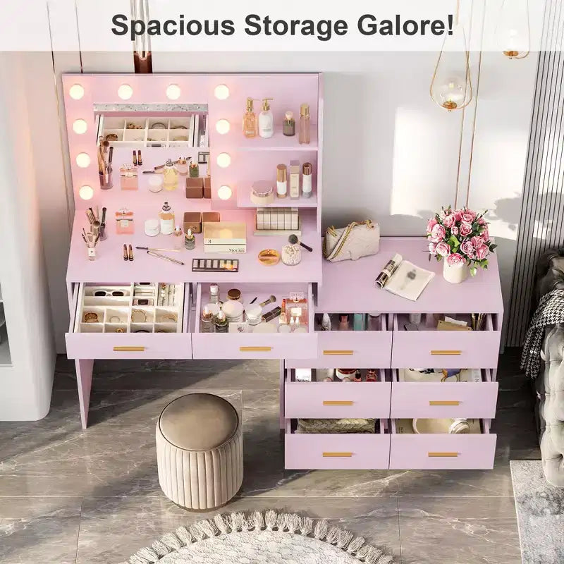 61 Inch Makeup Vanity Desk with Mirror and Lights, Vanity Table with 8 Drawers, 3 Color Modes Dimmable Lights, Shelves for Bedroom