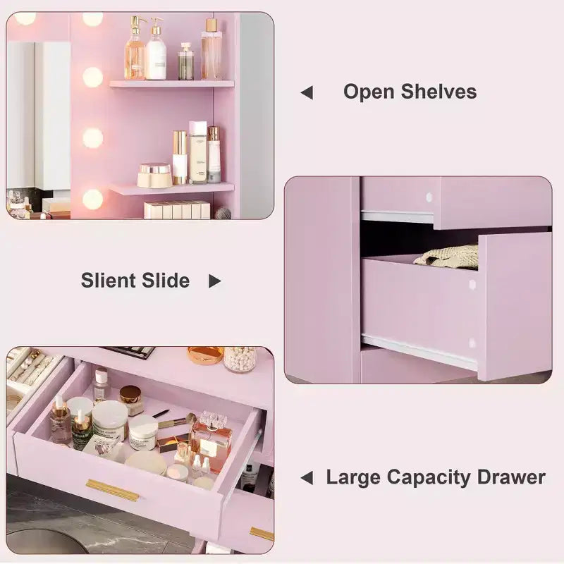 61 Inch Makeup Vanity Desk with Mirror and Lights, Vanity Table with 8 Drawers, 3 Color Modes Dimmable Lights, Shelves for Bedroom