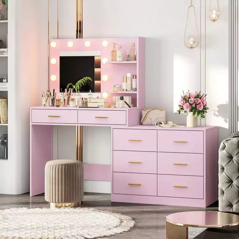 61 Inch Makeup Vanity Desk with Mirror and Lights, Vanity Table with 8 Drawers, 3 Color Modes Dimmable Lights, Shelves for Bedroom