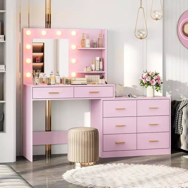 61 Inch Makeup Vanity Desk with Mirror and Lights, Vanity Table with 8 Drawers, 3 Color Modes Dimmable Lights, Shelves for Bedroom