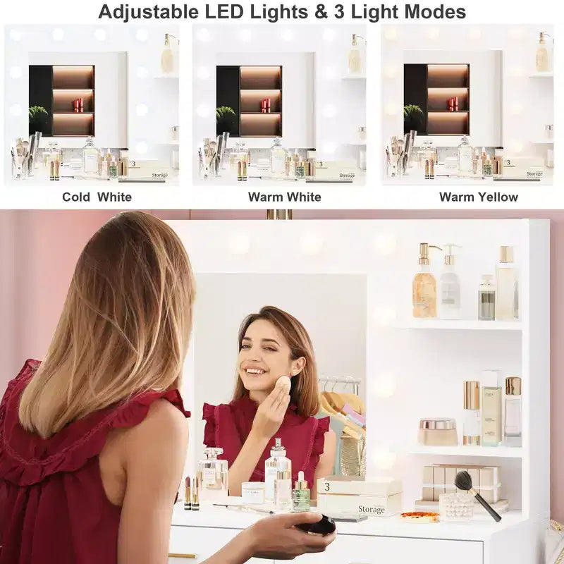 61 Inch Makeup Vanity Desk with Mirror and Lights, Vanity Table with 8 Drawers, 3 Color Modes Dimmable Lights, Shelves for Bedroom