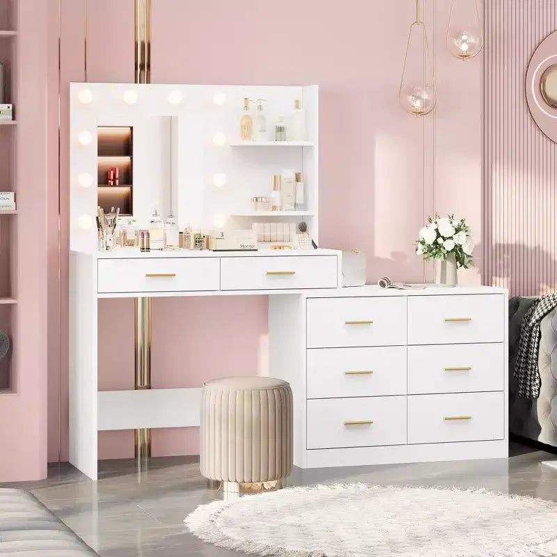 61 Inch Makeup Vanity Desk with Mirror and Lights, Vanity Table with 8 Drawers, 3 Color Modes Dimmable Lights, Shelves for Bedroom