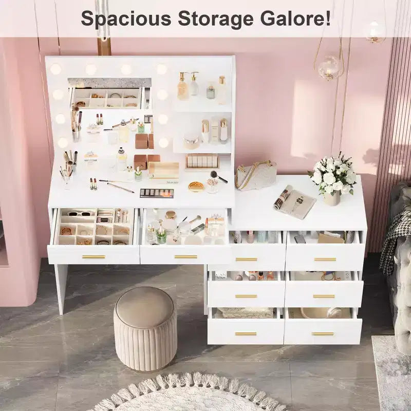 61 Inch Makeup Vanity Desk with Mirror and Lights, Vanity Table with 8 Drawers, 3 Color Modes Dimmable Lights, Shelves for Bedroom