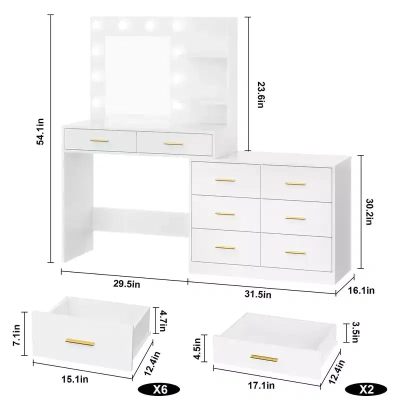 61 Inch Makeup Vanity Desk with Mirror and Lights, Vanity Table with 8 Drawers, 3 Color Modes Dimmable Lights, Shelves for Bedroom